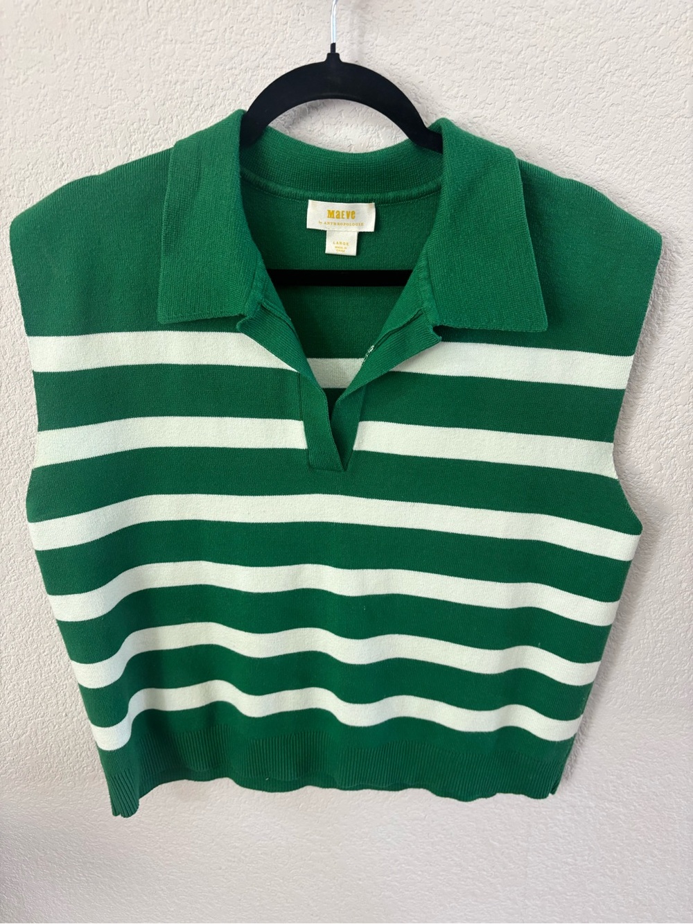 Anthropologie Green and White Striped V-Neck Sweater Vest